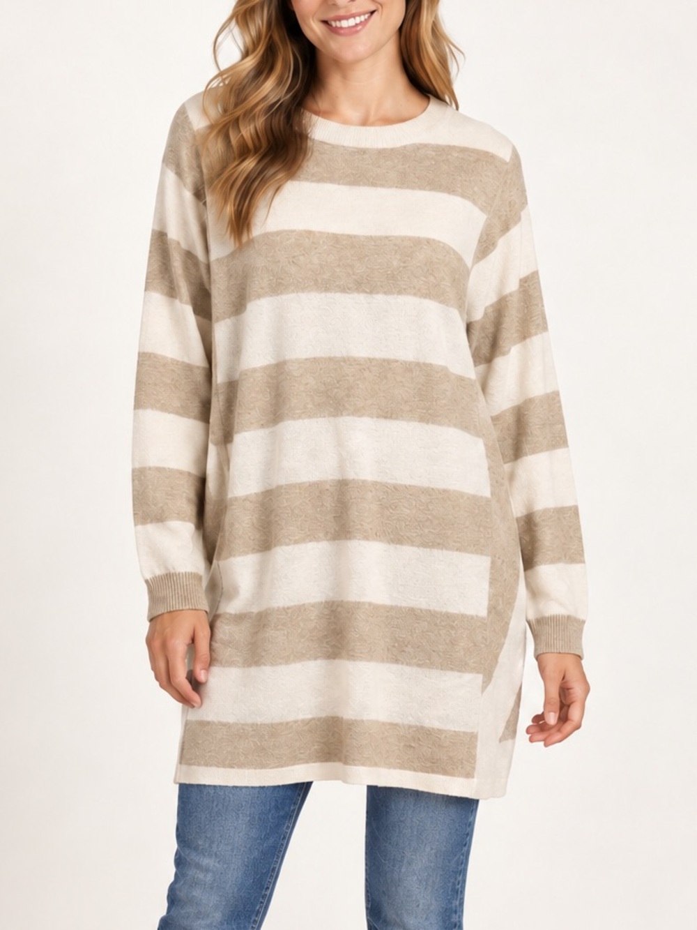 J.Jill Medium Tall Cream Beige Striped Cotton Blend Tunic Sweater